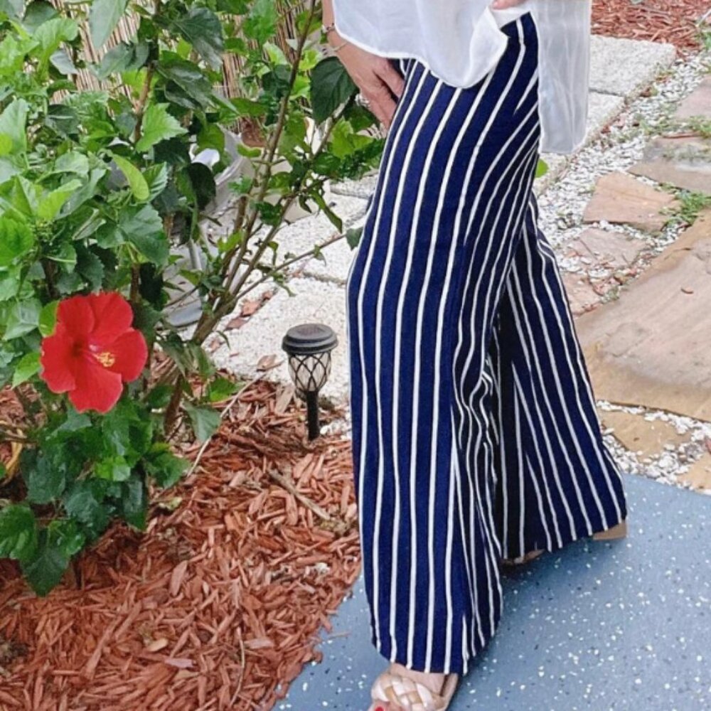 Gilli Striped Wide Leg Tie Waist Pants Navy/White